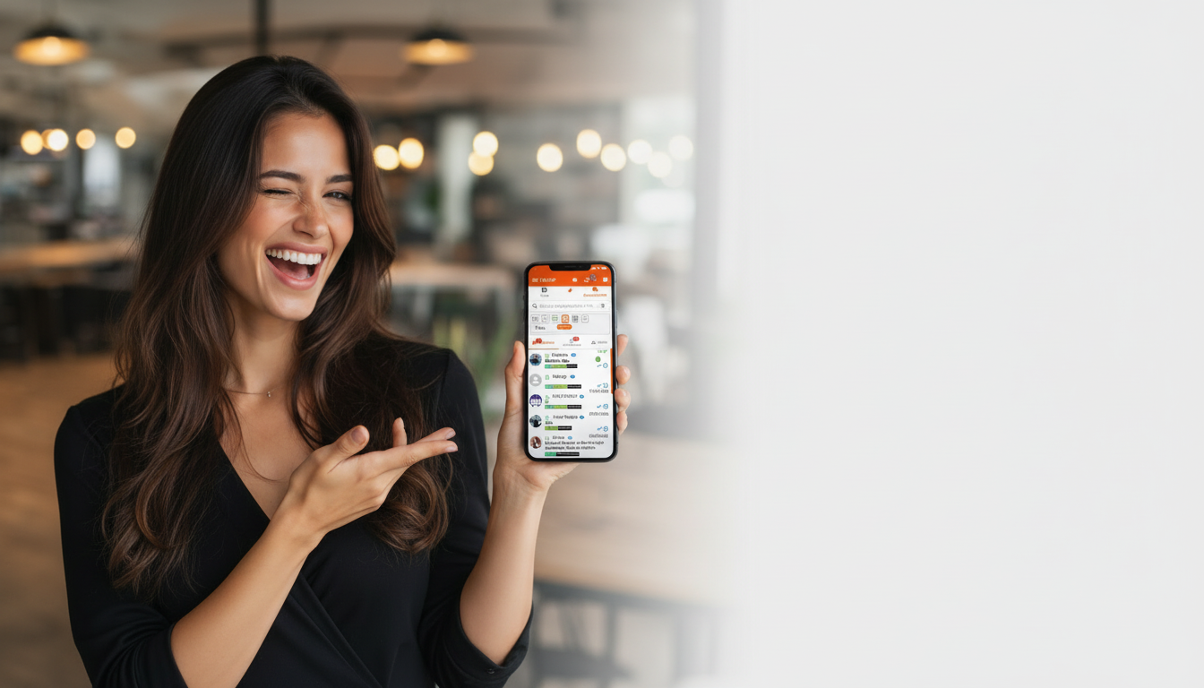 Mulher sorrindo mostrando o app GNZAP no celular